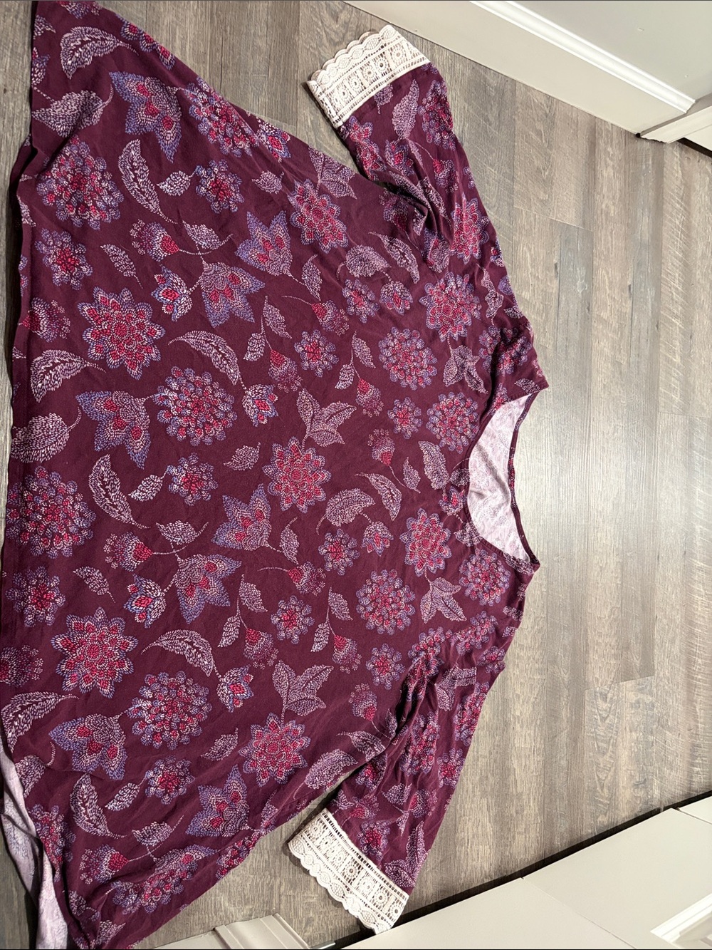 Woman Within Burgundy Floral Lace-Trim Tunic